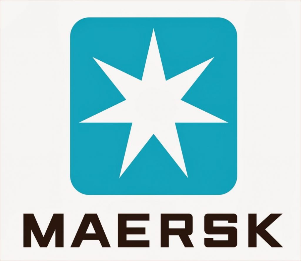 Logo for the MAERSK corporation. Whites star on a blue border logo on a white background
