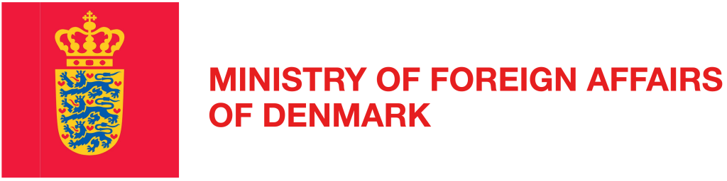 Logo for the Ministry of Foreign Affairs in Denmark. Red, gold and blue logo on a white background